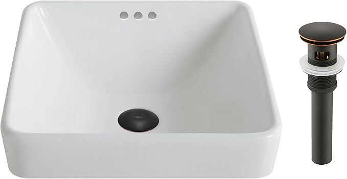 Kraus KCR-281-ORB Modern Elavo Ceramic Square Semi-Recessed Bathroom Sink with Overflow and Pop Up Drain, Oil Rubbed Bronze/White 16.25