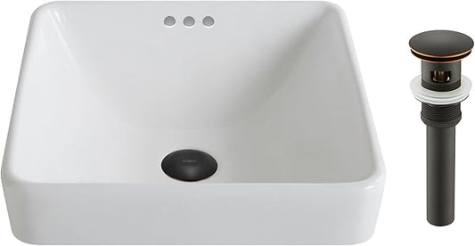 Kraus KCR-281-ORB Modern Elavo Ceramic Square Semi-Recessed Bathroom Sink with Overflow and Pop Up Drain, Oil Rubbed Bronze/White 16.25