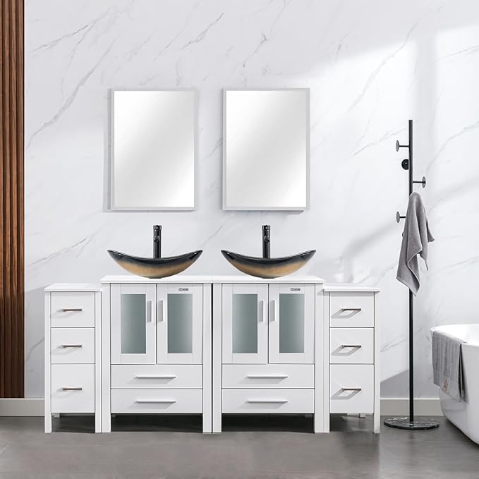 eclife 72" Modern Bathroom Vanity Sink Combo Freestanding Cabinet with Small Side Cabinet, Champagne Boat Glass Vessel Sink, Water Save Faucet, Drain (White+A29CH)