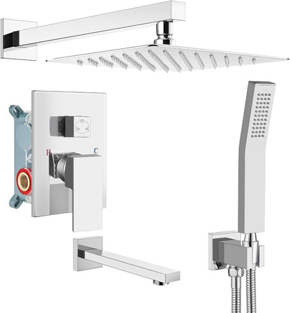 gotonovo Bathtub Shower Faucet Set, 10 Inch Shower Head, Polish Chrome | Wall Mounted Shower System with Tub Spout for Bathroom, Square High Pressure Rain Shower head with Handheld Spray, All Metal