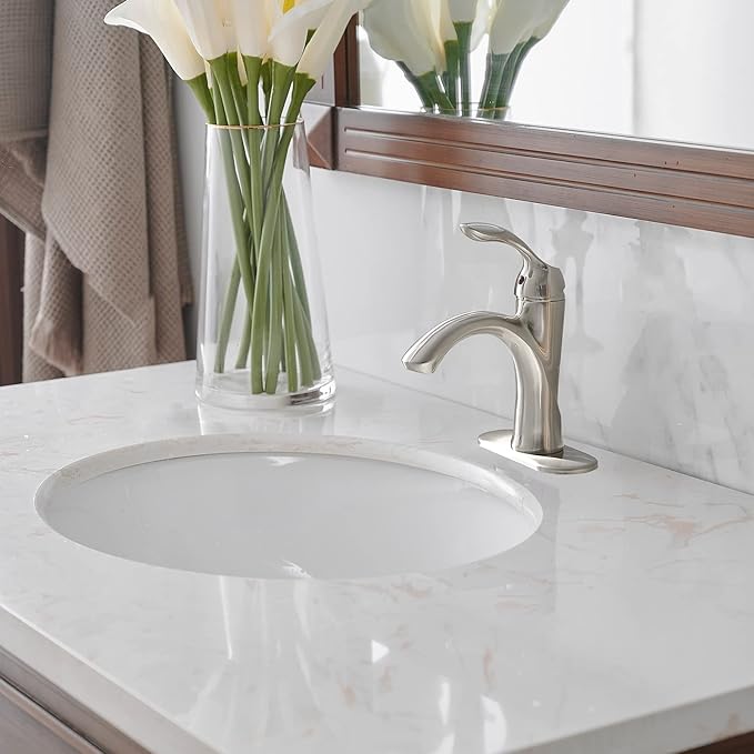 BWE Brushed Nickel Bathroom Faucet Single Handle Bathroom Sink Faucet One Hole with Pop Up Drain Assembly and Supply Lines Commercial Vanity Restroom Lavatory Mixer Tap