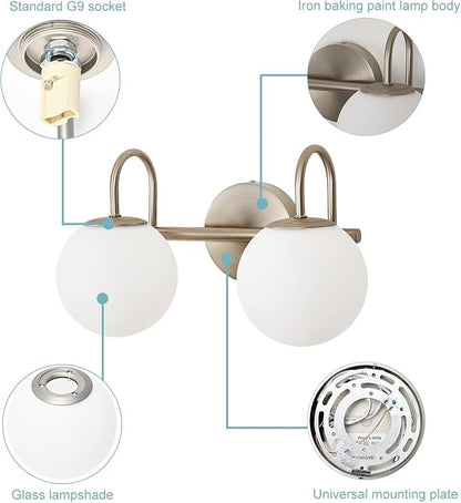 Modern Bathroom Vanity Light Fixtures Brushed Nickel 2 Lights Milk White Globe Glass Shade Modern Wall Sconce Lights Vanity Lights Over Mirror(Exclude G9 Bulb)