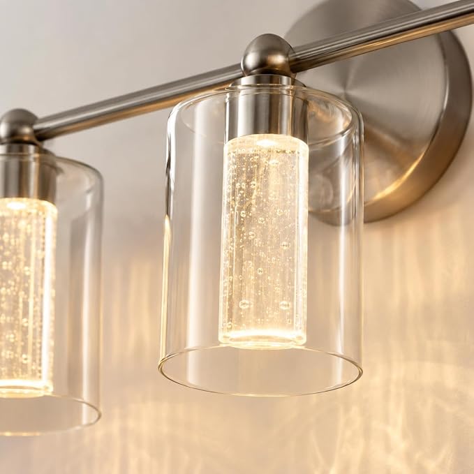 Brushed Nickel Vanity Light with 3 Color Modes, Eye Protection LED Bathroom Light Fixtures, Dimmable Modern Wall Light Over Mirror with Clear Glass Shade (Brushed Nickel, 3-Light)
