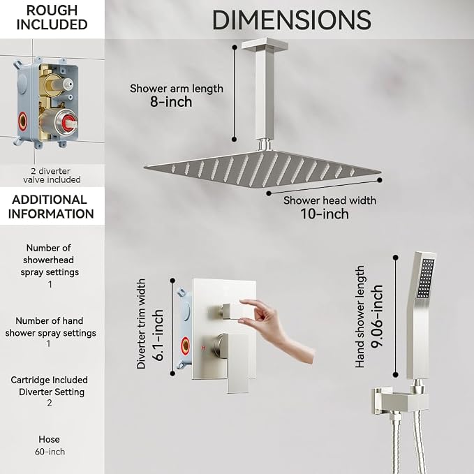 Shower System Shower Faucet Set, STARBATH 10" Ceiling Mount Rain Shower Head and Handheld Spray for Two Person, Rainfall Shower System with Diverter Valve and Trim Kit Complete,Brushed Nickel