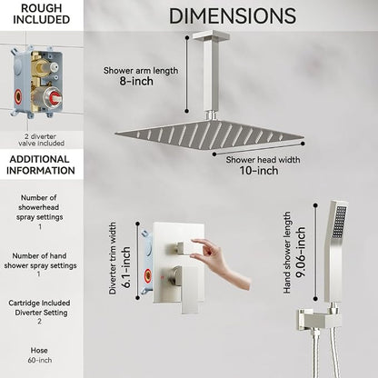 Shower System Shower Faucet Set, STARBATH 10" Ceiling Mount Rain Shower Head and Handheld Spray for Two Person, Rainfall Shower System with Diverter Valve and Trim Kit Complete,Brushed Nickel