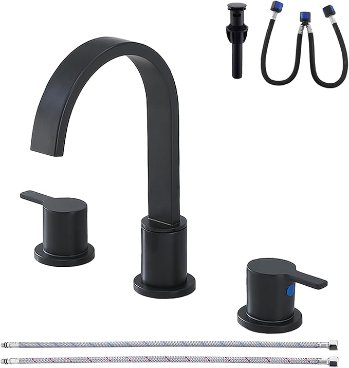 Matte Black Bathroom Faucet 3 Hole, 8 Inch Widespread 360° Swivel Waterfall Spout Two-Handle Bathroom Faucets with Water Hoses and Pop-up Drain for Sink Bath Vanity Lavatory VAL088BRH