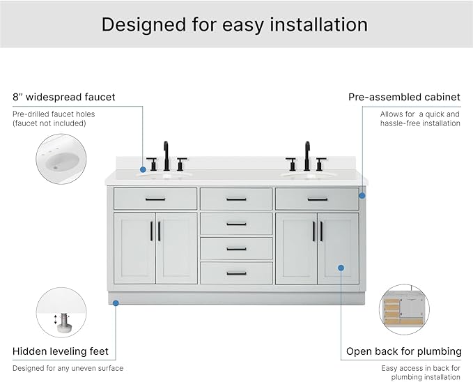 ARIEL Hepburn 72-inch Bathroom Vanity with Sink,Solid Wood, 1.5-inch Pure White Quartz Countertop & Backsplash, Double Oval Porcelain Sink, 4 Soft Closing Doors, 6 Dovetail Drawers, Grey