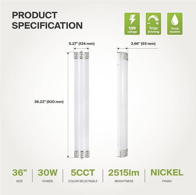 ASD 36 Inch LED Bathroom Vanity Light, 5CCT 2700K-5000K 30W, Dimmable Bathroom Light Fixtures, Modern Vanity Lights for Bathroom Lighting Fixtures Over Mirror, Wall Light Bar, Brushed Nickel, ETL