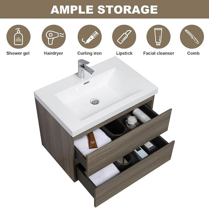 Floating Vanity Bathroom, 30 Inch Bathroom Vanity with Sink, Wall Mounted Single Sink Bathroom Vanity, Soft Closed 2 Drawers, Integrated Sink (Ash Grey)