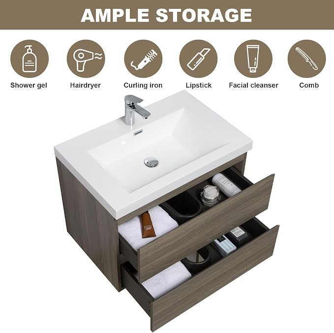Pre-Assembled 30" Floating Bathroom Vanity with Sink, Ash Grey | Wall-Mounted Bathroom Vanity with Solid Surface Top Basin, 2 Soft Close Drawers, Easy to Install & Clean