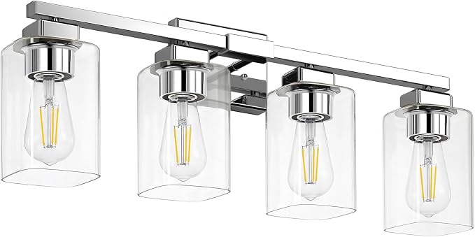 27” Bathroom Light Fixtures, 4-Light Vanity Light Chrome | Square Clear Glass & Durable Metal, Quick & Easy Installation, Standard E26 Socket, Bright Bathroom Lighting