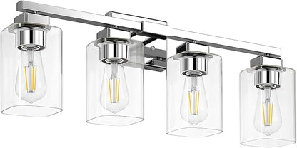 27” Bathroom Light Fixtures, 4-Light Vanity Light Chrome | Square Clear Glass & Durable Metal, Quick & Easy Installation, Standard E26 Socket, Bright Bathroom Lighting