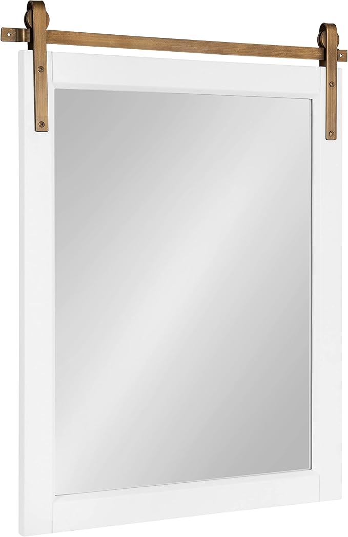 Kate and Laurel Skylan Modern Farmhouse Decorative Wood Framed Wall Mirror; 24 x 30; White and Antique Gold; Barn Door-Inspired Transitional Wall Hanging Mirror for Bathroom or Living Room Uses