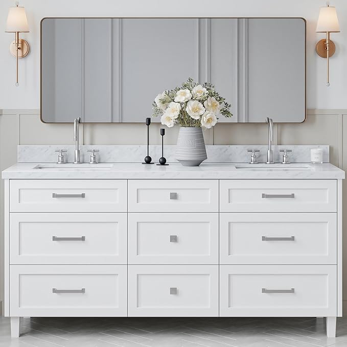ARIEL Monroe 72-inch Bathroom Vanity with Sink,Solid Wood, 1.5-inch Italian Carrara Marble Countertop & Backsplash, Double Oval Porcelain Sink, 9 Dovetail Drawers, Brushed Nickel, White