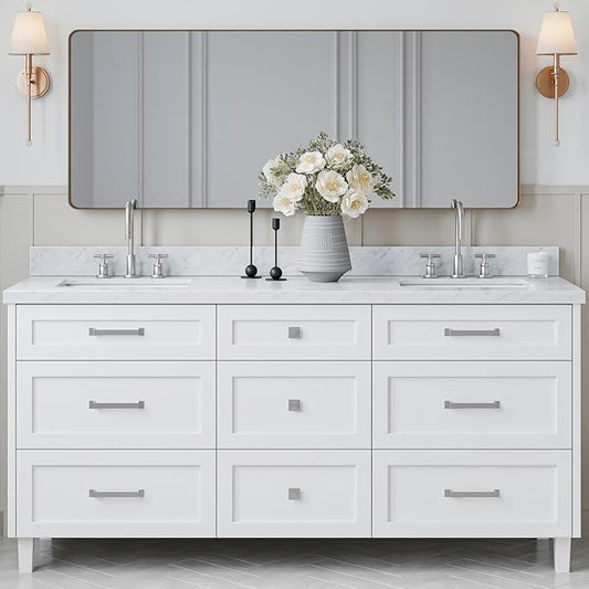 ARIEL Monroe 72-inch Bathroom Vanity with Sink,Solid Wood, 1.5-inch Italian Carrara Marble Countertop & Backsplash, Double Oval Porcelain Sink, 9 Dovetail Drawers, Brushed Nickel, White