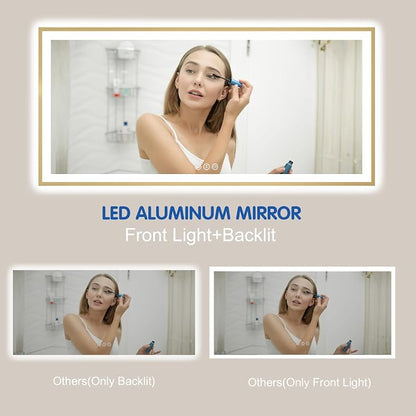 72x32 Inch LED Bthroom Mirror with Gold Frame | Gold Metal Frame, Front and Backlit, 3 Colors, Dimmable, Memory, Anti Fog, Tempered Glass, Lighted Mirror for Wall