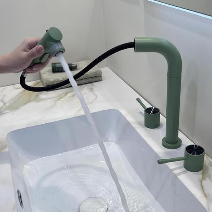 3 Hole Basin Faucets Pull Out Basin Mixer Faucet Brass-Green