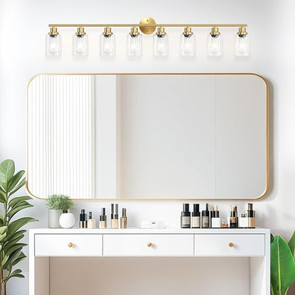 8-Light Brushed Gold Vanity Lights for Bathroom, Lighting Fixtures Over Mirror with Clear Glass Shade, Modern Kitchen Light Fixtures Wall Lamps Sconce Light - E26 Base