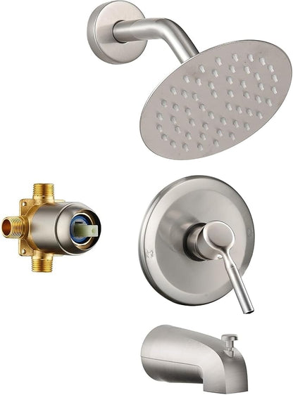 Tub Shower Faucet Set (Valve Included) with 6-Inch Rain Shower Head and Tub Spout Single-Handle Tub and Shower Trim Kit Brushed Nickel