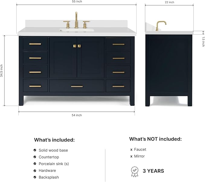 ARIEL Cambridge 54-inch Bathroom Vanity with Sink,Solid Wood, 1.5-inch Pure White Quartz Countertop, Single Rectangular Porcelain Sink, 2 Soft Closing Doors, 9 Dovetail Drawers, Midnight Blue
