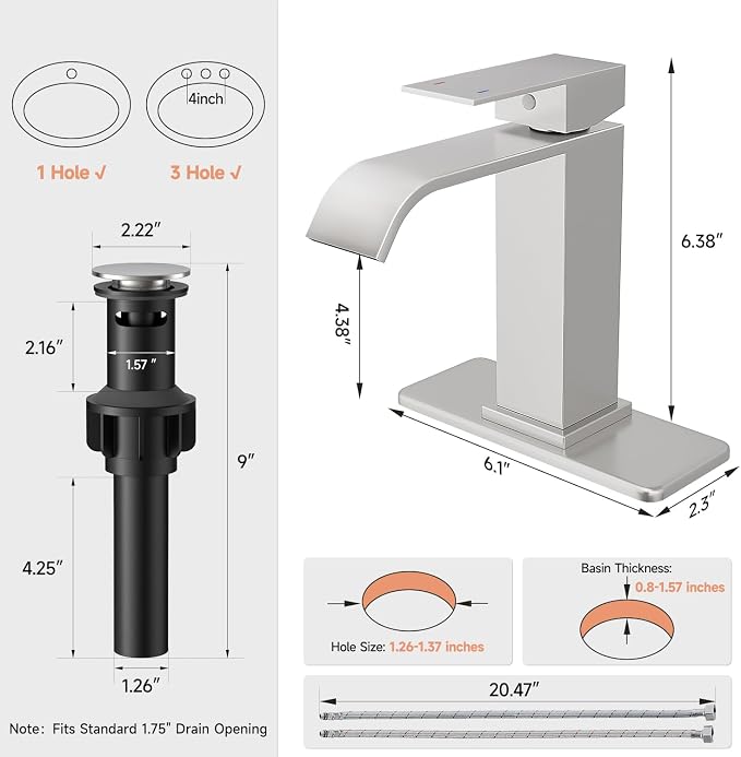 Brushed Nickel Bathroom Faucets Evolvegoods Modern Waterfall Faucet | Single Handle 1 or 3 Hole Bathroom Sink Faucet RV Mixer Tap Vanity Faucet with Deck Plate Pop-up Drain and Supply Lines