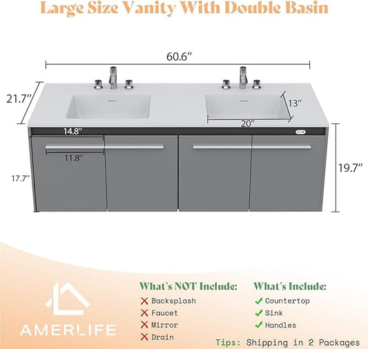 AMERLIFE 60" LED Floating Bathroom Double Vanity with Sink, Modern High Gloss Wall Mounted Bathroom Storage Cabinet with 3 Hole Sink, Metal Handles & Soft Closing Doors, Grey