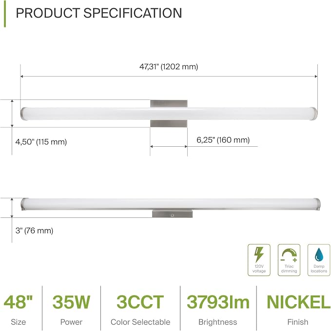 ASD 48" LED Linear Vanity Light Fixture, Modern Bathroom Sconce — 3 Color 3000K-5000K, Dimmable, 35W 3800LM, Energy Star & ETL Listed — Over Mirror Makeup Slim Bar for Bedroom, Cabinets — Nickel