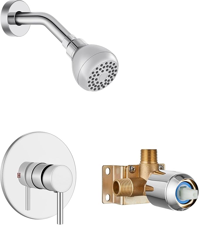 Shower Faucet with Valve, Shower Valve Kit and Head, Single Handle Shower Faucet Set with Rough-In Valve, Shower Trim Kit, Polish Chrome