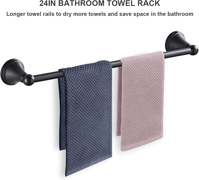 Newfun 8Pcs Matte Black Bathroom Accessories Set Towel Racks for Bathroom | Bathroom Hardware Set, 2 * 24 Inch Towel Bar for Bathroom 2*Toilet Paper Holder 2* Towel Ring Towel Holders 2* Hook