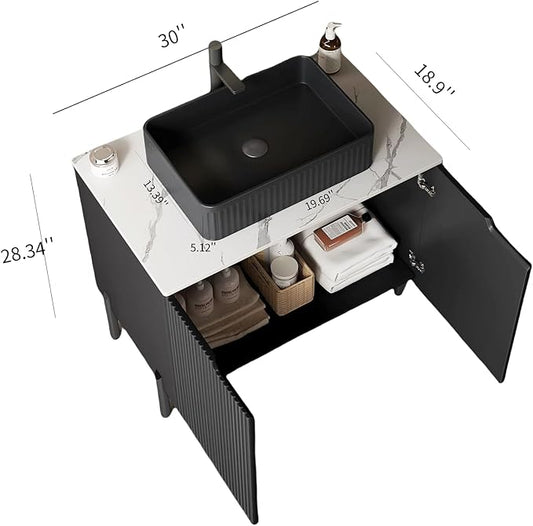 30" Bathroom Vanity with Sink, Small Bathroom Vanity with Durable Ceramic Basin and Sintered Stone Countertop and Soft Closing, Freestanding Bathroom Vanities, Black
