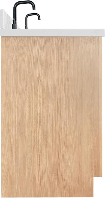 ARIEL Hepburn 72-inch Bathroom Vanity with Sink,Solid Wood, 1.5-inch Carrara White Quartz Countertop & Backsplash, Double Oval Porcelain Sink, 4 Soft Closing Doors, 6 Dovetail Drawers, White Oak