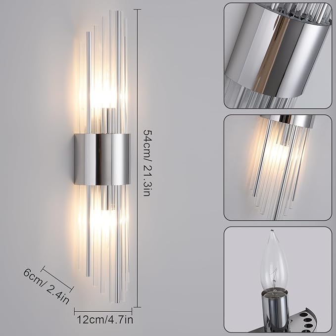 Chrome sconces wall set of 2, silver crystal wall sconces set two, modern wall sconce decoration (set of two) for living room, bedroom, bathroom, vanity, stairs, hallway,With 4 E12 light sources