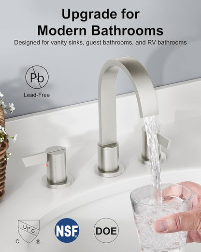 Brushed Nickel 3 Hole Bathroom Faucet,8" Widespread Vanity Faucet | 2 Handle Waterfall Bathroom Sink Faucet with Pop-Up Drain,Supply Lines,360° Swivel Spout,Lead-Free Stainless Steel,Deck Mount