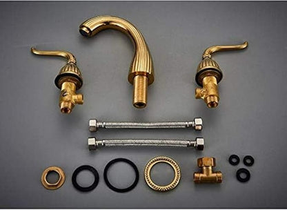 Basin Faucet Deck Mounted Bathroom Mixer Crane Dual Handle 3 Hole Cold and Hot Washing Tap-Antique Brass,Gold(Gold)