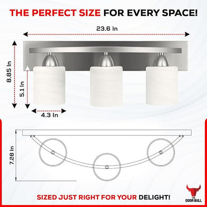 3-Light Bathroom Vanity Bar Light Fixture - Brushed Nickel | Modern Frosted glass shades with E26 socket. Matte Wall sconce lighting perfect over mirror, kitchen, hallway, or entryway