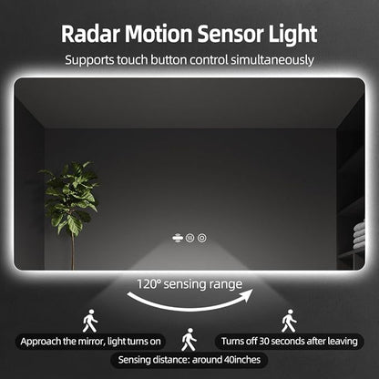 56" x 36" LED Bathroom Mirror with Lights - Motion Sensor | Smart Backlit Mirror, Anti-Fog, 3-Color Stepless Dimmable Lighted Mirror, Memory Function, HD Tempered Glass, CRI≥93
