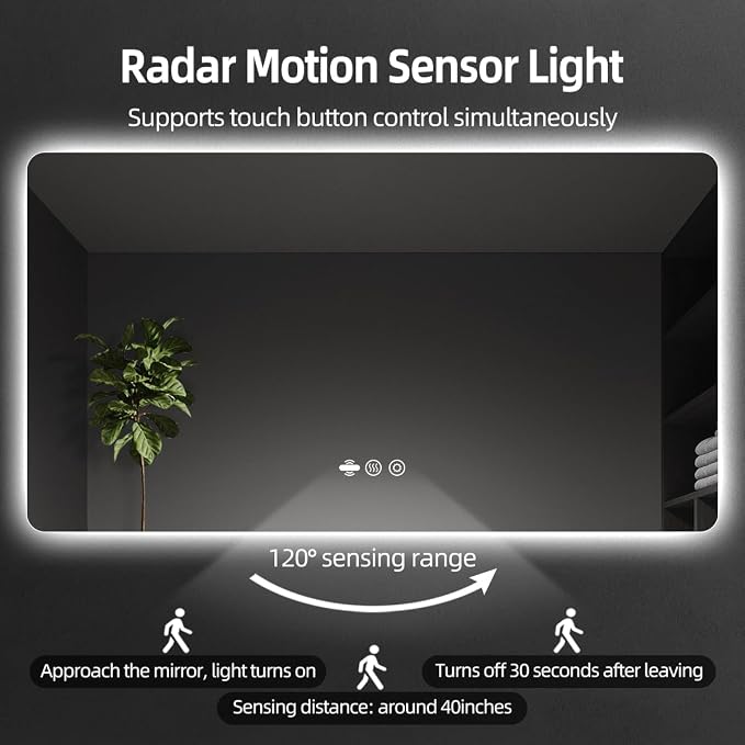 42" x 36" LED Bathroom Mirror with Lights - Motion Sensor | Smart Backlit Mirror, Anti-Fog, 3-Color Stepless Dimmable Lighted Mirror, Memory Function, Rounded-Corner Rectangle, CRI≥93