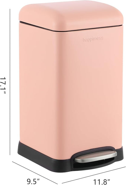 happimess Betty Retro Mini 3.2 Gal Step Trash Can, Flamingo Pink | Soft-Close Lid, Removable Liner, Iron, Hands-Free Pedal, Satin Finish, Non-Skid Base, Built-In Damper, Modern, Minimalistic