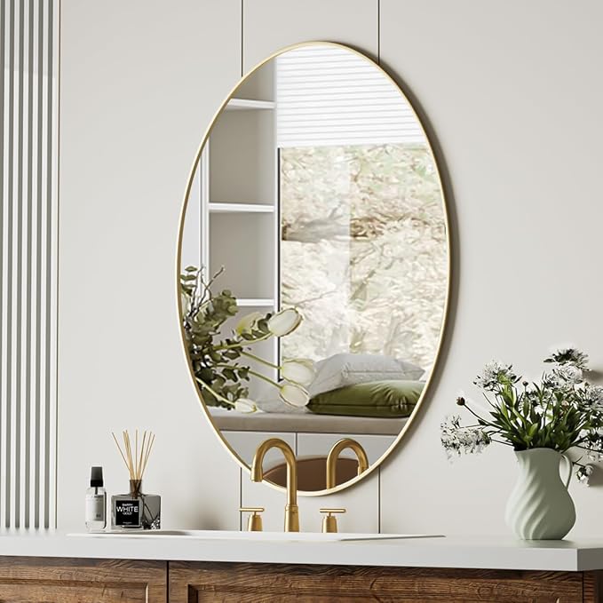 Koonmi Gold Oval Bathroom Mirror, 24"x36" Oval Mirror for Wall | Shatterproof Bathroom Vanity Mirror for Bedroom Living Room Entryway, Horizontal or Vertical, Hardware Included