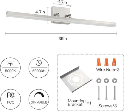 36in LED Vanity Light, 36W 2500LM Modern Brushed Nickel Adjustable Bathroom Light Fixture Over Mirror, Dimmable Light Bar 5000K Cool White
