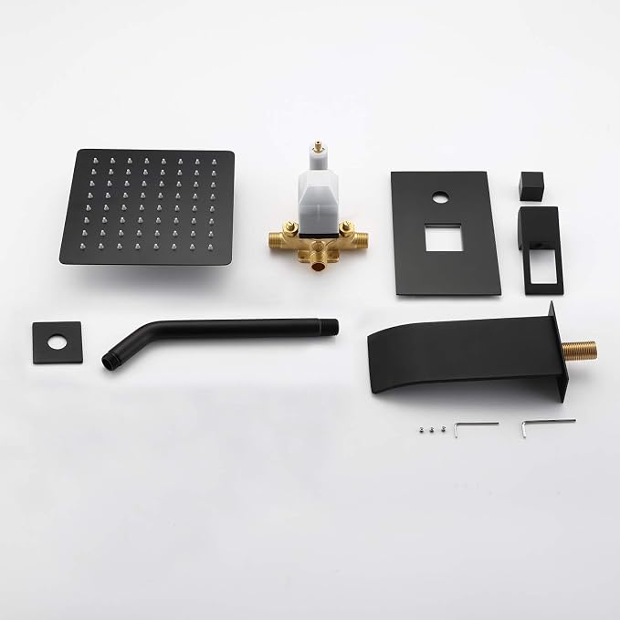 SUMERAIN Matte Black Tub and Shower Faucet Set | Anti-scalding Pressure Balance Valve, Waterfall Tub Spout, 8 Inch Rain Shower Head, With Non-return Check Valves