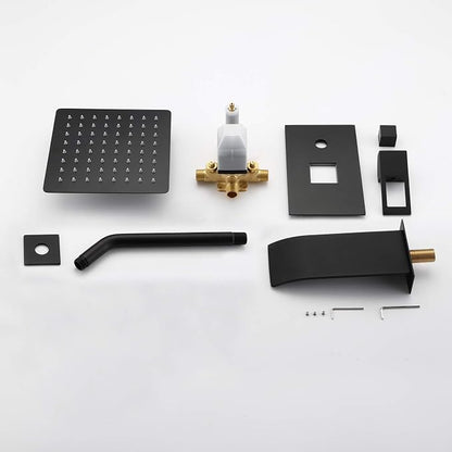SUMERAIN Matte Black Tub and Shower Faucet Set | Anti-scalding Pressure Balance Valve, Waterfall Tub Spout, 8 Inch Rain Shower Head, With Non-return Check Valves