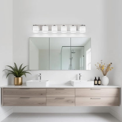 mirrea 6-Light Brushed Nickel Bathroom Vanity Light with White Glass Shades | Over Mirror,Wall Sconce,ETL listed,Bathroom Lighting Fixtures,Elegant Design,Milk White Glass Shade,Easy Installation