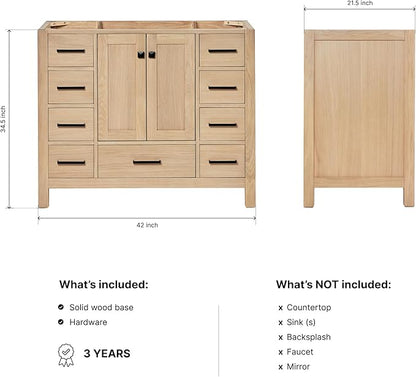 ARIEL Cambridge 42-inch Bathroom Vanity Base Cabinet,Solid Wood, 2 Soft Closing Doors, 9 Dovetail Drawers, White Oak