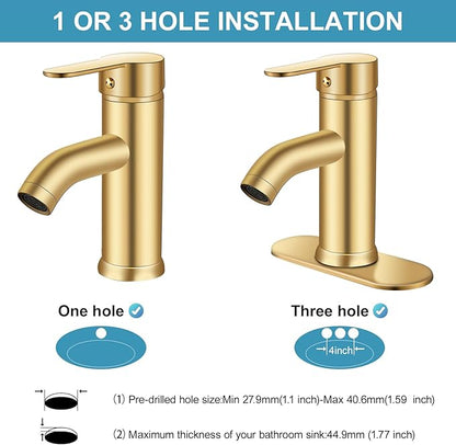Brushed Gold Bathroom Faucet, Single Handle Sink Faucet, 1 Hole or 3 Hole, Bathroom Vanity Faucet, with Pop-up Drain and Deck