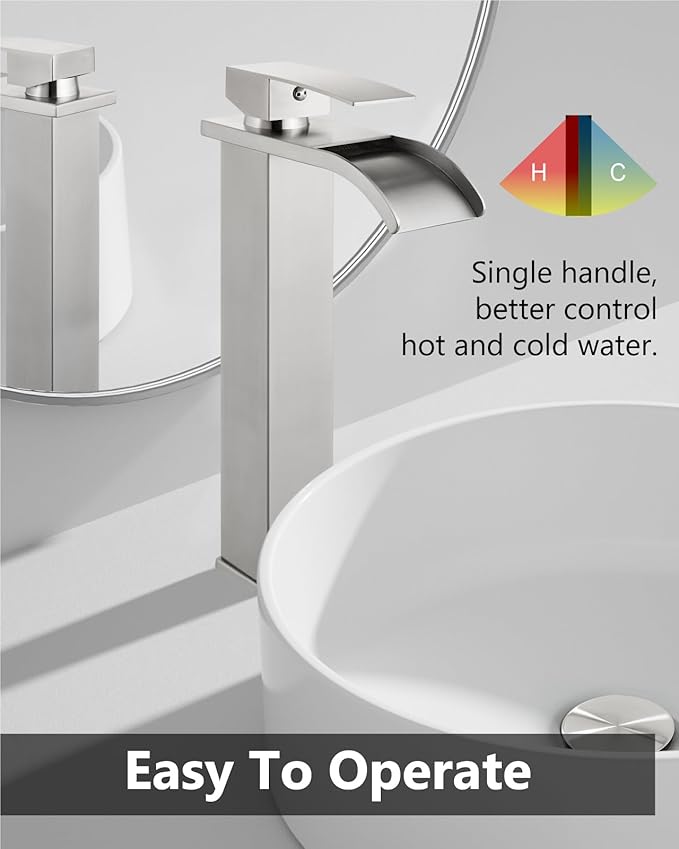 Vessel Sink Faucet Waterfall Tall Bathroom Faucet Single Handle,Single Hole Lavatory Vanity Mixer Tap with Pop Up Drain and Supply Lines,Brushed Nickel