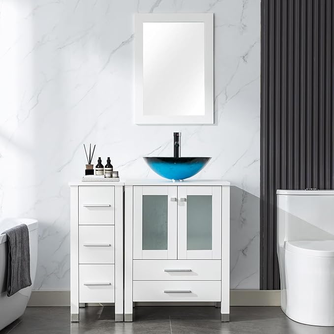 LUCKWIND 36" Bathroom Vanity with Sink Combo, 24-inch Main Cabinet with 12.6-inch Side Cabinet, Painted Bathroom Storage Cabinet with 5 Drawers, Including Turquoise Square Sink Without Mirror, White