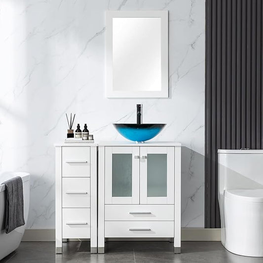 LUCKWIND 36" Bathroom Vanity with Sink Combo, 24-inch Main Cabinet with 12.6-inch Side Cabinet, Painted Bathroom Storage Cabinet with 5 Drawers, Including Turquoise Square Sink Without Mirror, White