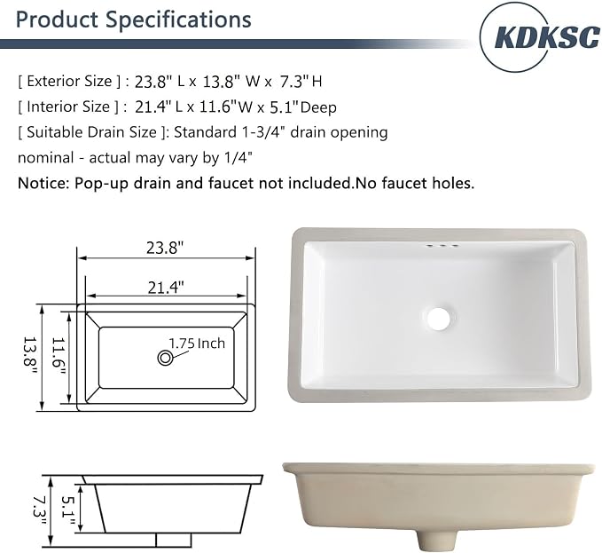 24 Inch Undermount Bathroom Sink Rectangular Undermount Sink White Ceramic Under Counter Bathroom Sinks with Flat Overflow Type (23.8"x 13.8")