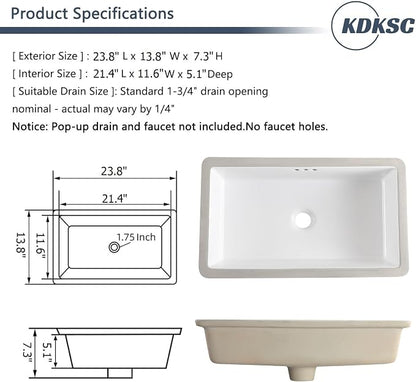 24 Inch Undermount Bathroom Sink Rectangular Undermount Sink White Ceramic Under Counter Bathroom Sinks with Flat Overflow Type (23.8"x 13.8")